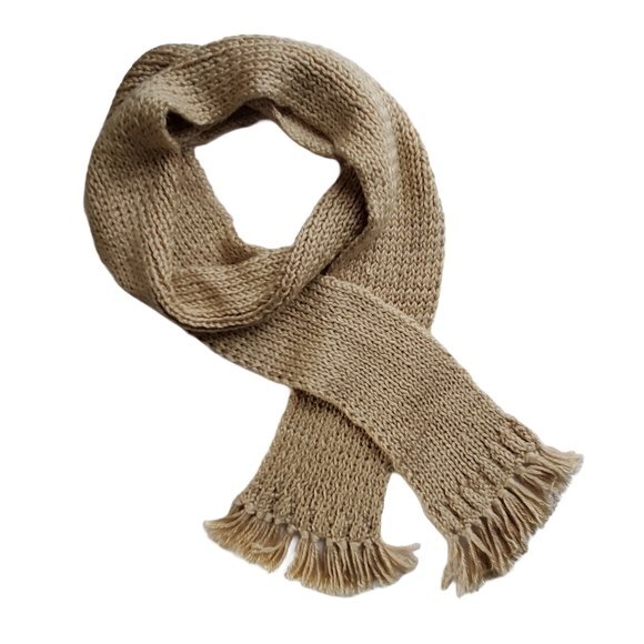 None Accessories - Beige Tan Long Fringe Knit Scarf